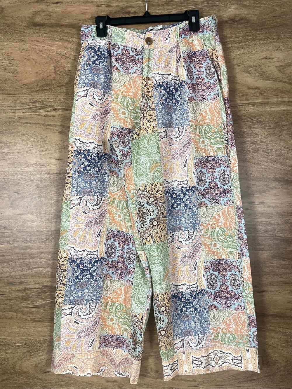 Rachel Zoe Women 100% Linen Patchwork Paisley Wide Leg Pants Size Large L